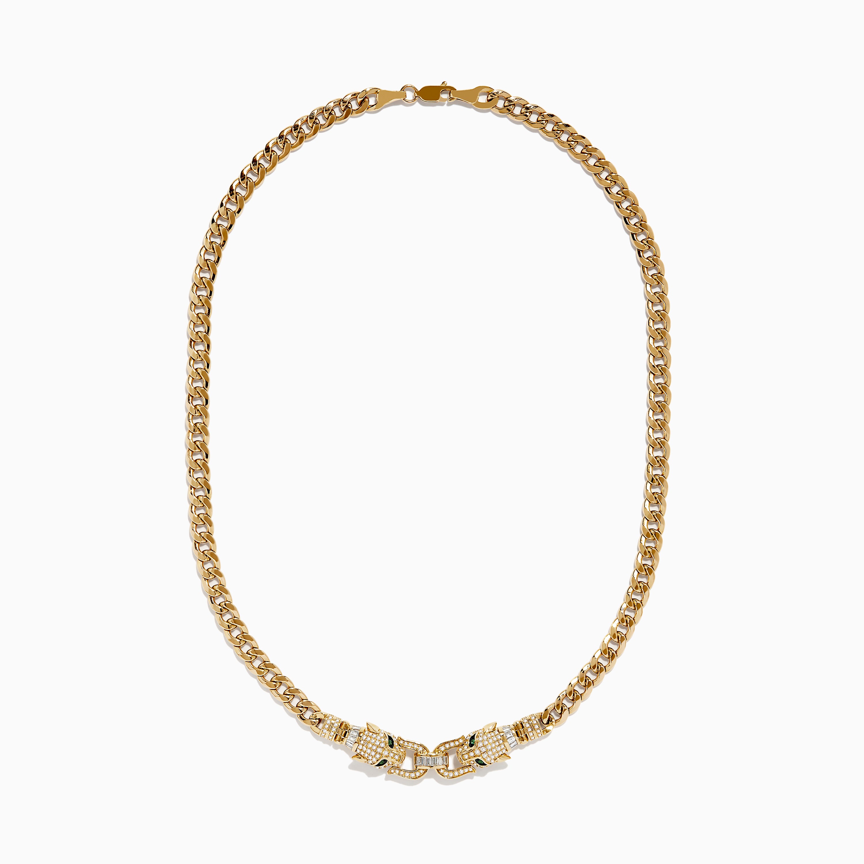 The Signature 14K Yellow Gold Diamond and Emerald Panther Necklace features two jeweled panther head clasps with green gemstone eyes and pavé diamond accents, facing each other at the center.