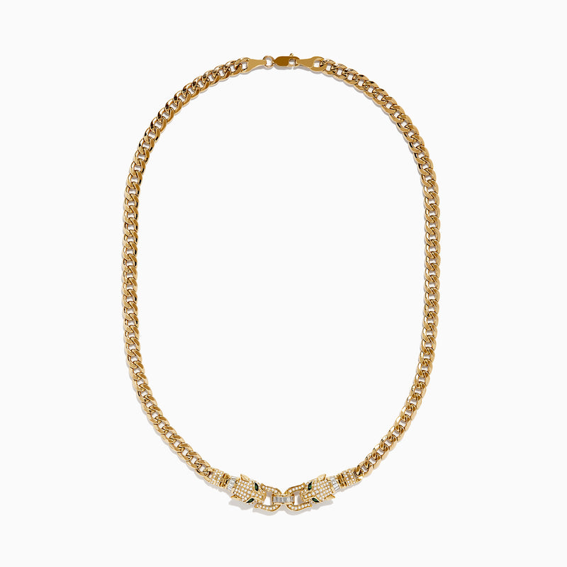 The Signature 14K Yellow Gold Diamond and Emerald Panther Necklace features two jeweled panther head clasps with green gemstone eyes and pavé diamond accents, facing each other at the center.
