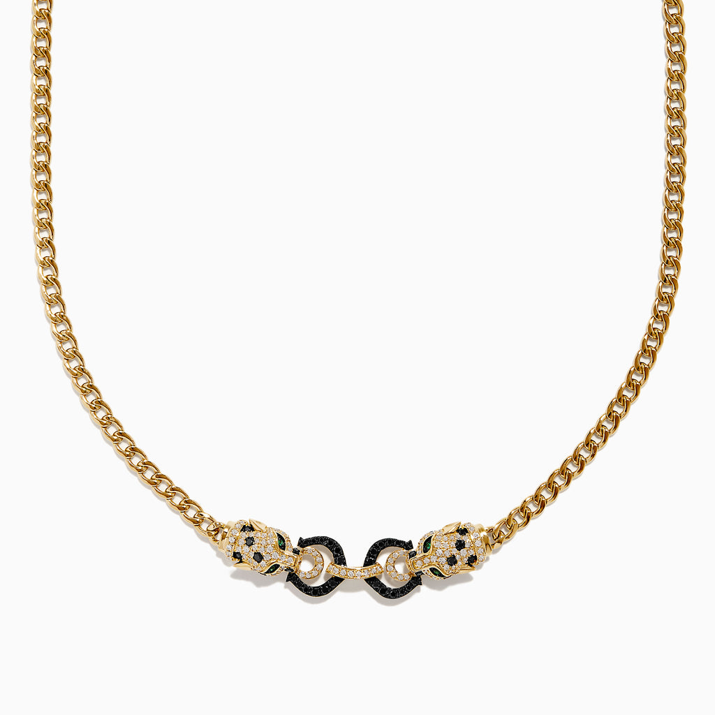 The Signature 14K Gold White and Black Diamond Necklace features dual panther heads with black stones, connected by two black enameled rings for a striking design.