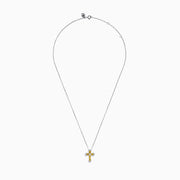 The 14K White Gold Yellow and White Diamond Cross Necklace features a white gold cross pendant with yellow and white diamonds, hanging from a matching chain.