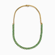 The 14K White Gold Emerald and Diamond Marquise Leaf Necklace features alternating green emeralds and white diamonds in a woven leaf pattern, elegantly displayed against a white background.