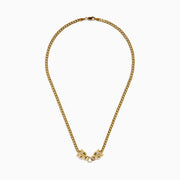 The Signature 14K Yellow Gold Diamond and Tsavorite Panther Necklace features two panther heads with tsavorite green eyes and diamond accents, each biting interlocking diamond-encrusted rings at the center.
