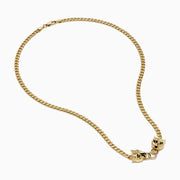 The Signature 14K Yellow Gold Diamond and Tsavorite Panther Necklace features two panther heads with tsavorite green eyes and diamond accents, each biting interlocking diamond-encrusted rings at the center.