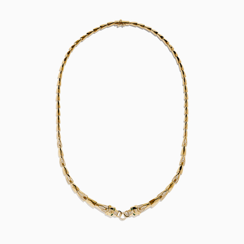 The Signature 14K Yellow Gold Diamond and Tsavorite Panther Necklace features angular links and two detailed panther head motifs with tsavorite eyes and diamond accents at the center, facing each other to form the clasp.