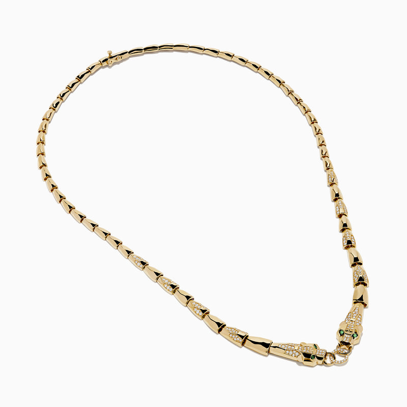 The Signature 14K Yellow Gold Diamond and Tsavorite Panther Necklace features angular links and two detailed panther head motifs with tsavorite eyes and diamond accents at the center, facing each other to form the clasp.