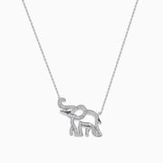 The Novelty 14K White Gold Diamond Elephant Necklace features an elephant-shaped pendant with sparkling stones on a delicate chain, showcased against a white background.