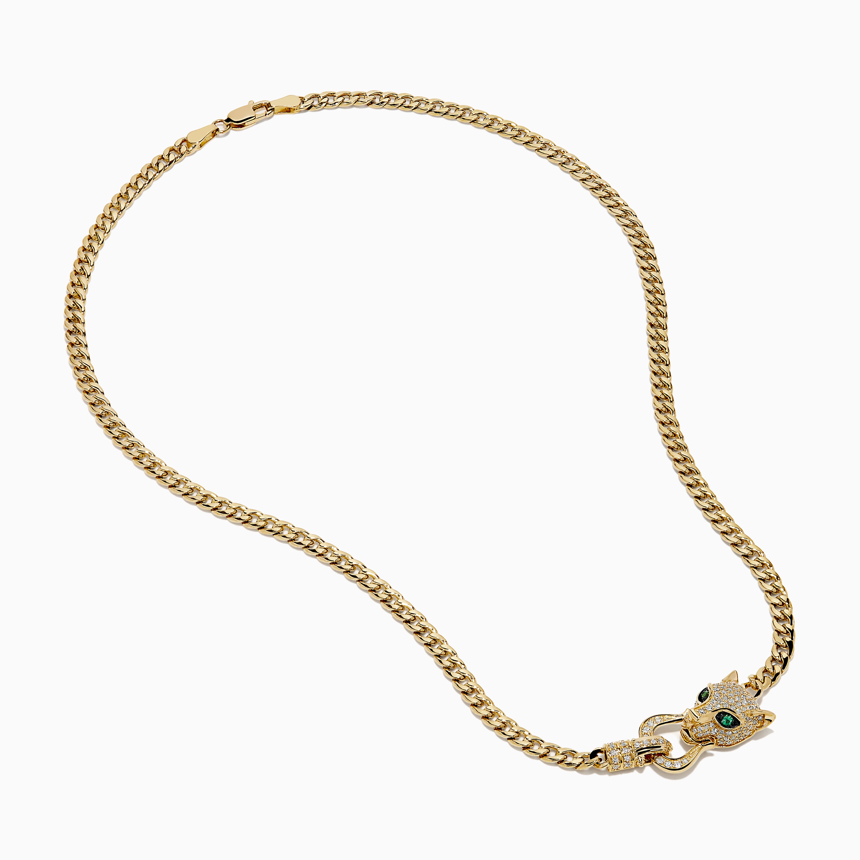 The Signature 14K Yellow Gold Diamond Panther Cuban Chain Necklace features a diamond panther clasp with sparkling stones and green gemstone eyes at the center bottom.