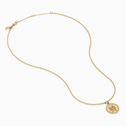The Zodiac 14K Yellow Gold and Diamond Gemini Necklace features a round pendant with an engraved Gemini design, highlighted by sparkling diamonds for an elegant, refined look.