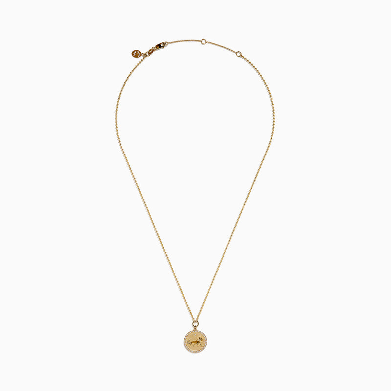 The Zodiac 14K Yellow Gold and Diamond Leo Necklace features a round pendant with an embossed lion design, bordered by sparkling diamonds on a delicate gold chain—an ideal statement piece for any Leo.