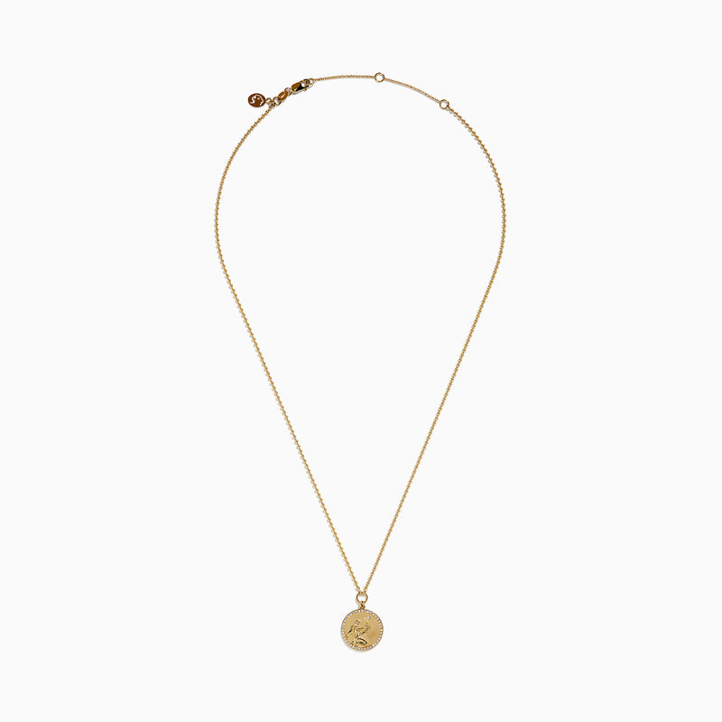 The Zodiac 14K Yellow Gold and Diamond Virgo Necklace features a round pendant with an engraved figure holding a star, accented by sparkling diamonds, shown on a plain white background.