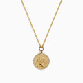 The Zodiac 14K Yellow Gold and Diamond Virgo Necklace features a round pendant with an engraved figure holding a star, accented by sparkling diamonds, shown on a plain white background.