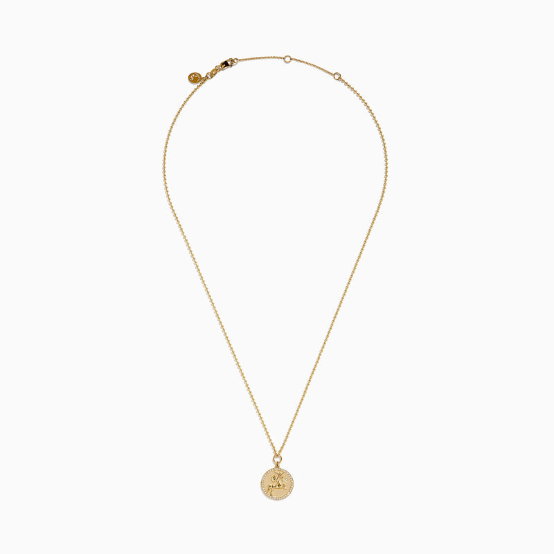 The Zodiac 14K Yellow Gold and Diamond Sagittarius Necklace features a round unicorn pendant with diamond accents on the edge, hanging from a simple gold chain—perfect as a unique zodiac necklace for everyday wear.