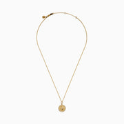 Zodiac 14K Yellow Gold and Diamond Aquarius Necklace with a round pendant engraved with a woman, bordered by diamond-like stones, on a delicate 14K gold chain. Shown on a white background.