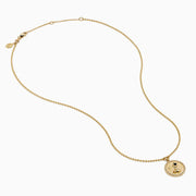 Zodiac 14K Yellow Gold and Diamond Aquarius Necklace with a round pendant engraved with a woman, bordered by diamond-like stones, on a delicate 14K gold chain. Shown on a white background.