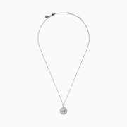 The Zodiac 925 Sterling Silver and Diamond Leo Necklace features a round pendant with an engraved lion on a beaded chain, displayed against a white background.