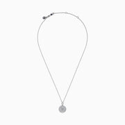 The Zodiac 925 Sterling Silver and Diamond Scorpio Necklace features a round, textured pendant with an engraved scorpion design, hanging from a beaded chain against a white background.