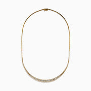 The 14K Yellow Gold Diamond Graduating Collar Necklace features a stunning curved design with alternating rectangular diamond segments and polished gold, showcased elegantly on a white background.