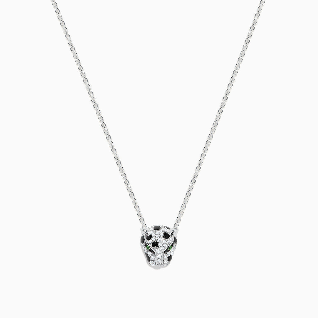 The Signature 14K White Gold Diamond and Tsavorite Panther Necklace features a panthers head pendant with sparkling diamonds and vivid tsavorite eyes—a striking, elegant accessory.