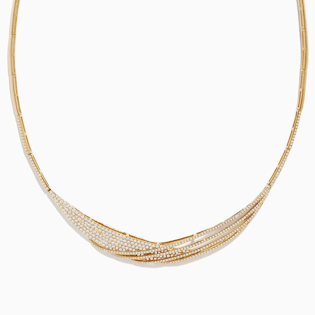 The Doro 14K Yellow Gold Diamond Statement Collar Necklace 2.75 TCW showcases an elegant, layered design with rows of sparkling diamonds on yellow gold, forming a gentle center curve for a luxurious look.