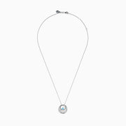 The Lab Grown Blue and White Diamond Circle Pendant in 14K White Gold features a circular pendant with clear and blue stones, displayed on a plain white background.