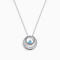 The Lab Grown Blue and White Diamond Circle Pendant in 14K White Gold features a circular pendant with clear and blue stones, displayed on a plain white background.
