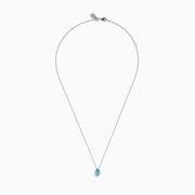 The Lab Grown Pear Solitaire Blue Diamond Collarbone Necklace in 14K White Gold features a minimalist bezel-set, teardrop-shaped blue diamond pendant on a fine white gold chain, elegantly displayed against a white background.