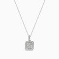 The Bouquet 14K White Gold Square Diamond Cluster Pendant (0.74 TCW) features sparkling diamonds on a silver chain, displayed against a plain white background.