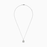 The Bouquet 14K White Gold Square Diamond Cluster Pendant (0.74 TCW) features sparkling diamonds on a silver chain, displayed against a plain white background.