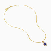 The Nahla 14K Yellow Gold Oval Tanzanite and Diamond Pendant features an oval tanzanite encircled by sparkling diamonds, displayed on a sleek yellow gold chain against a plain white background.