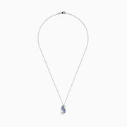 The Seaside 925 Sterling Silver Tanzanite and Diamond Seahorse Pendant features a sparkling seahorse design with tanzanite and diamond accents, hanging from a delicate chain on a white background.