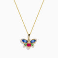 The Safari 14K Yellow Gold Dragon Fly Pendant features sapphire, emerald, ruby, and diamond gemstones on a yellow gold necklace, displayed against a white background.