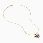The Safari 14K Yellow Gold Dragon Fly Pendant features sapphire, emerald, ruby, and diamond gemstones on a yellow gold necklace, displayed against a white background.