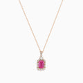 The 14K Rose Gold Pink Sapphire and Diamond Pendant features a rectangular pink sapphire, surrounded by diamonds, suspended from a delicate 14K rose gold chain against a white background.
