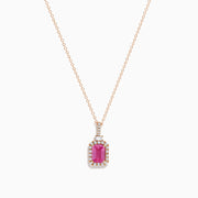 The 14K Rose Gold Pink Sapphire and Diamond Pendant features a rectangular pink sapphire, surrounded by diamonds, suspended from a delicate 14K rose gold chain against a white background.