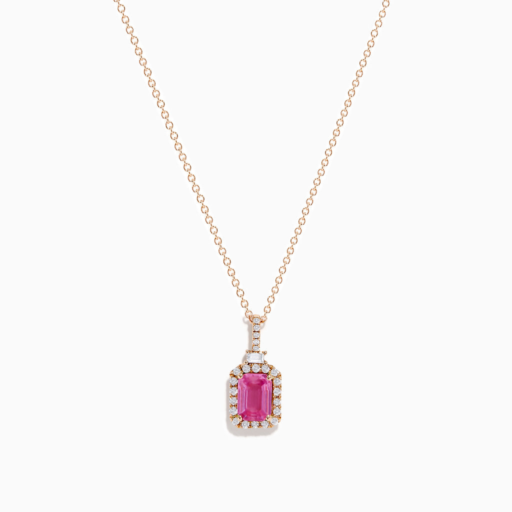 The 14K Rose Gold Pink Sapphire and Diamond Pendant features a rectangular pink sapphire, surrounded by diamonds, suspended from a delicate 14K rose gold chain against a white background.