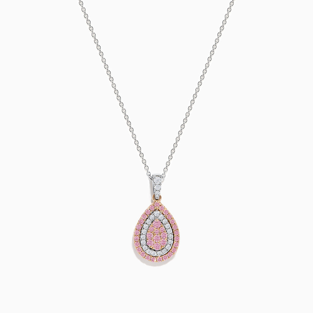The 14K Two Tone Gold Pink and White Diamond Pendant features a teardrop design with concentric pink and white diamonds, accented by three white stones linking the pendant to the chain.