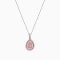 The 14K Two Tone Gold Pink and White Diamond Pendant features a teardrop design with concentric pink and white diamonds, accented by three white stones linking the pendant to the chain.