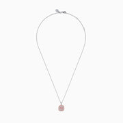 The 14K Two Tone Gold White and Pink Diamond Pendant features a square design with concentric white and pink diamonds, suspended from a delicate chain, shown against a white background.