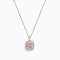 The 14K Two Tone Gold White and Pink Diamond Pendant features a square design with concentric white and pink diamonds, suspended from a delicate chain, shown against a white background.