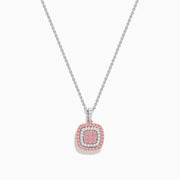 The 14K Two Tone Gold White and Pink Diamond Pendant features a square design with concentric white and pink diamonds, suspended from a delicate chain, shown against a white background.