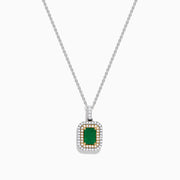 The Brasilica 14K White & Yellow Gold Emerald and Diamond Pendant features a silver chain, a rectangular emerald framed by two rows of white diamonds, and 14K white and yellow gold accents around the stone.