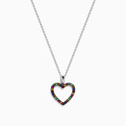 The Watercolors 925 Sterling Silver Heart Pendant features multi sapphires and tsavorite accents, crafted in an open heart design, displayed on a plain white background.