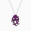 The Seaside 14K White Gold Pink Sapphire and Diamond Octopus Pendant features detailed tentacles and a textured surface, making it a striking jewelry piece for any collection.