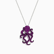 The Seaside 14K White Gold Pink Sapphire and Diamond Octopus Pendant features detailed tentacles and a textured surface, making it a striking jewelry piece for any collection.