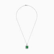 The Brasilica 14K White Gold Emerald and Diamond Pendant is a silver necklace with a square emerald and diamond on a delicate white gold chain, shown against a white background.