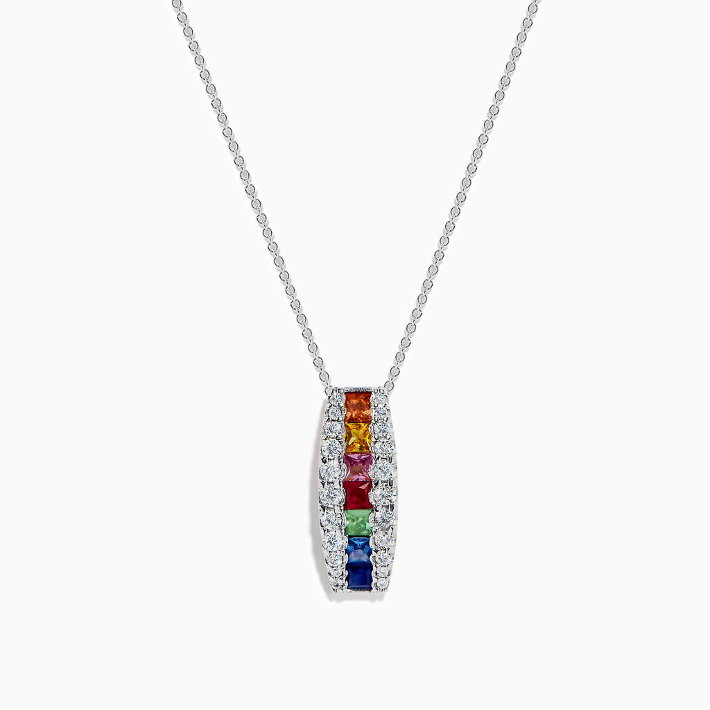 The Watercolors 14K White Gold Multi Sapphire and Diamond Bar Pendant showcases vibrant sapphires set in a vertical bar, accented by sparkling diamonds.