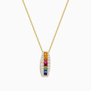 Watercolors 14K Yellow Gold Multi Sapphire and Diamond Pendant features a vertical row of sapphires bordered by two rows of diamonds, creating a vibrant and elegant look.