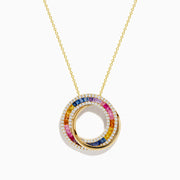 The Watercolors 14K Yellow Gold Multi Sapphire and Diamond Circle Pendant features interlocking circles with blue, pink, yellow, and white sapphires and diamonds on a delicate gold chain, shown against a white background.
