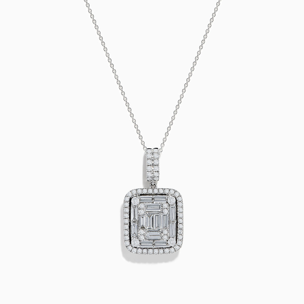 A delicate Classique 14K White Gold Diamond Pendant featuring a square design with baguette and round-cut diamonds in a geometric pattern, suspended from a fine chain.