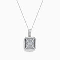 A delicate Classique 14K White Gold Diamond Pendant featuring a square design with baguette and round-cut diamonds in a geometric pattern, suspended from a fine chain.
